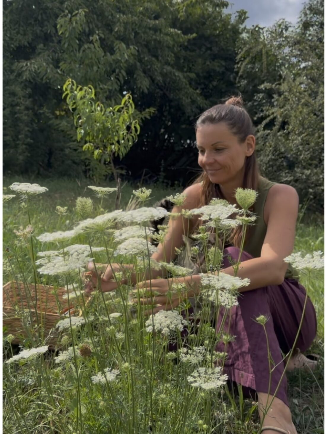 Melli erntet Wildpflanzen in der Wiese